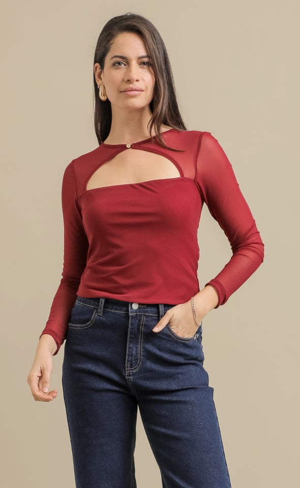 Mesh LS Single Button Top Berry