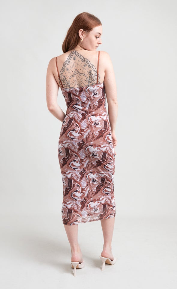 Mesh Marble Print Cowl Slip Dress Terracotta/marble