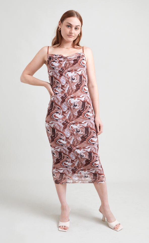 Mesh Marble Print Cowl Slip Dress Terracotta/marble