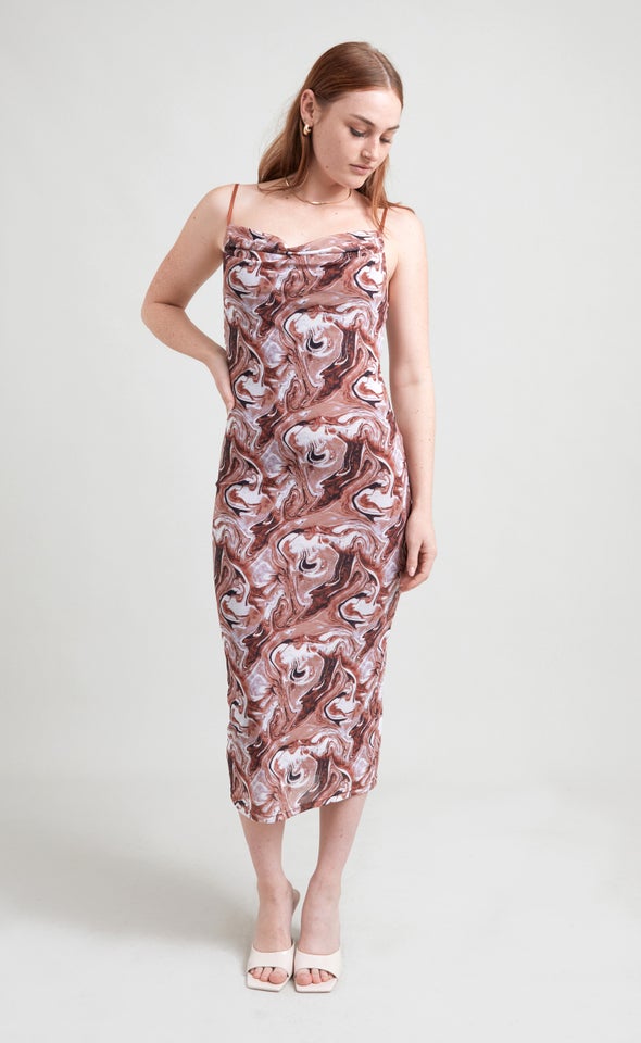 Mesh Marble Print Cowl Slip Dress Terracotta/marble