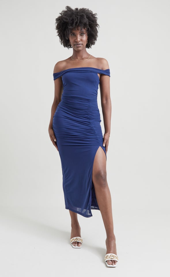 Mesh Off Shoulder Ruched Gown Navy