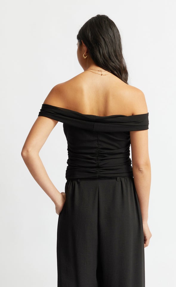 Mesh Off The Shoulder Ruched Top Black