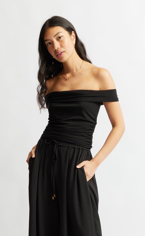 Mesh Off The Shoulder Ruched Top Black