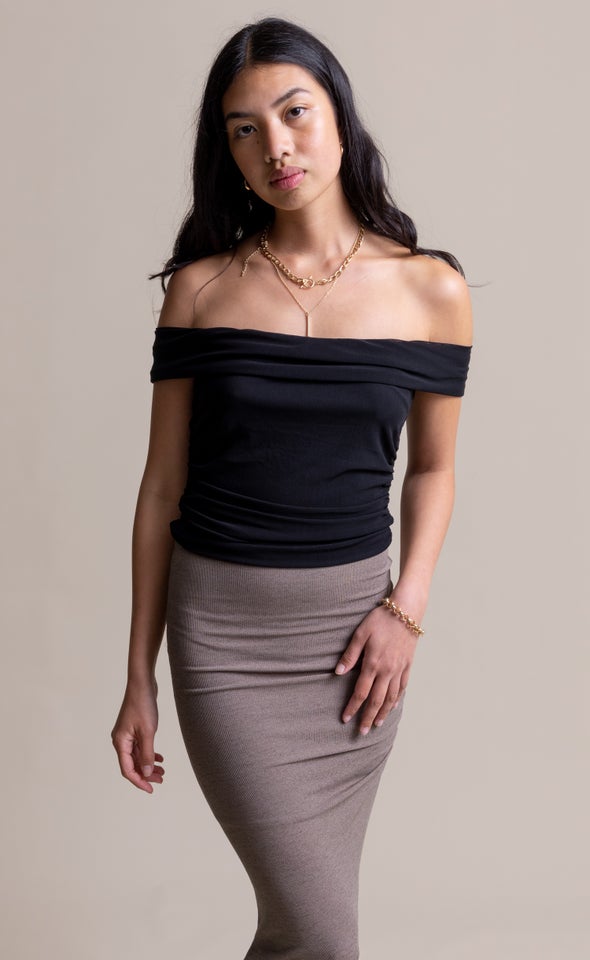 Mesh Off The Shoulder Ruched Top Black
