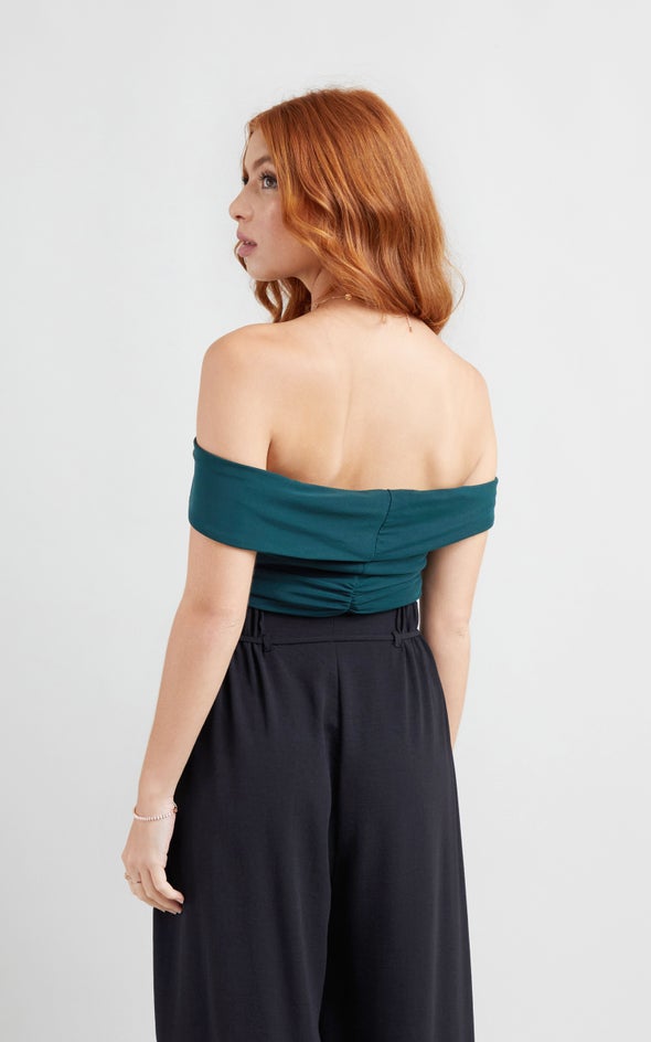 Mesh Off The Shoulder Ruched Top Emerald