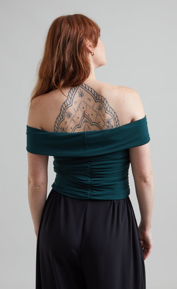 Mesh Off The Shoulder Ruched Top Emerald
