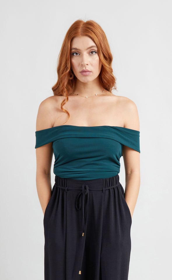 Mesh Off The Shoulder Ruched Top Emerald
