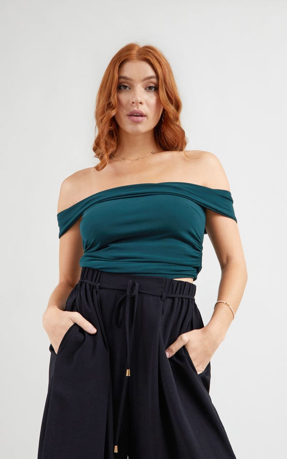 Mesh Off The Shoulder Ruched Top Emerald