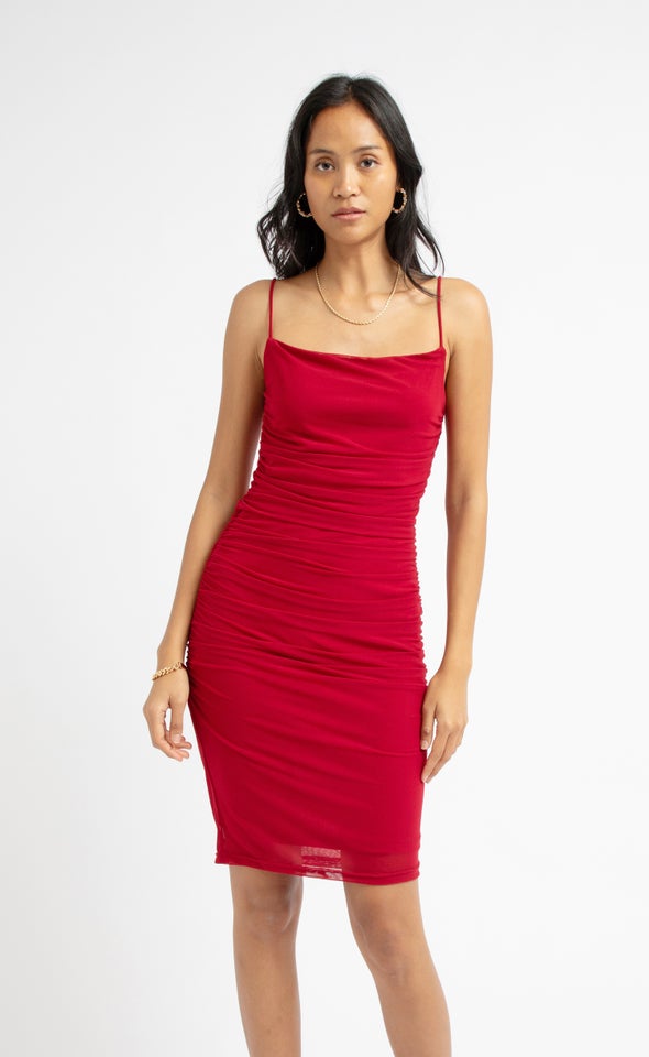 Mesh Ruched Dress Red Wine