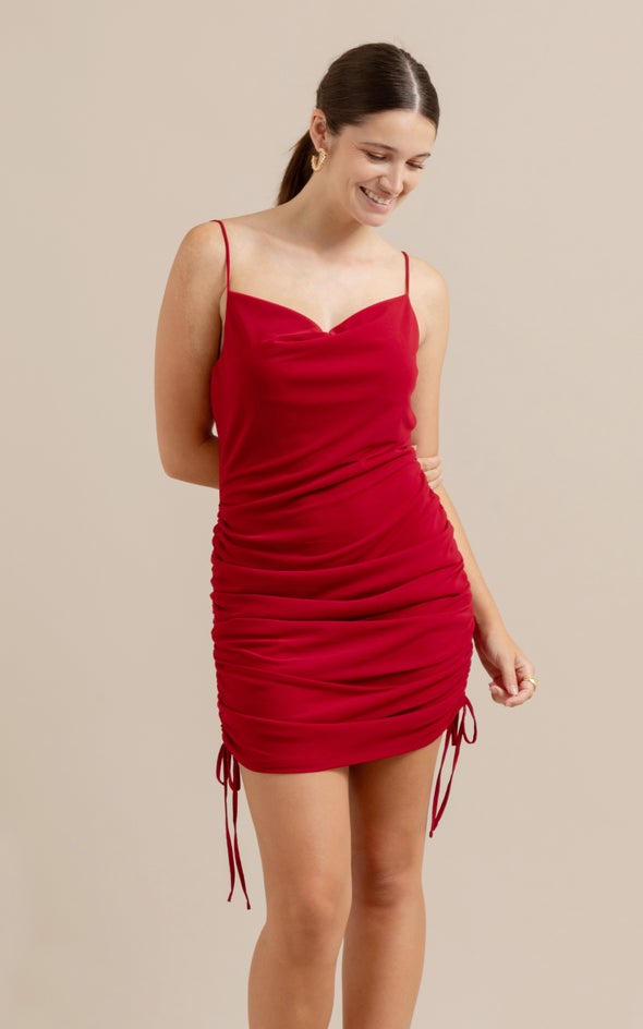 Mesh Ruched Dress Red Wine