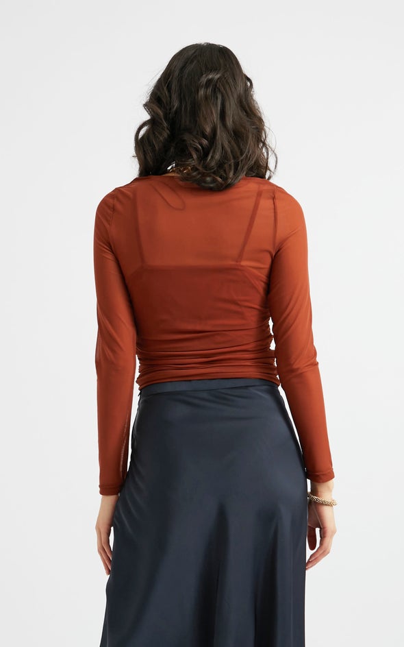 Mesh Ruched LS Top Rust