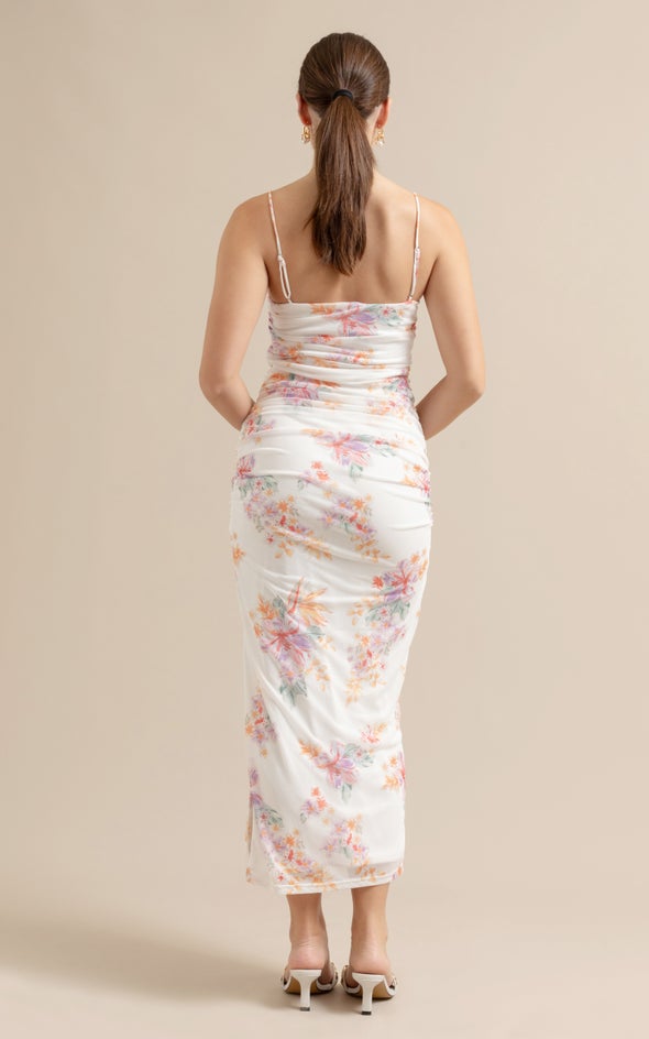 Mesh Ruched Maxi Cream/floral