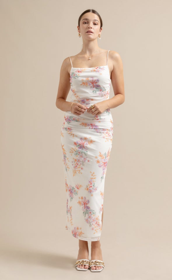 Mesh Ruched Maxi Cream/floral