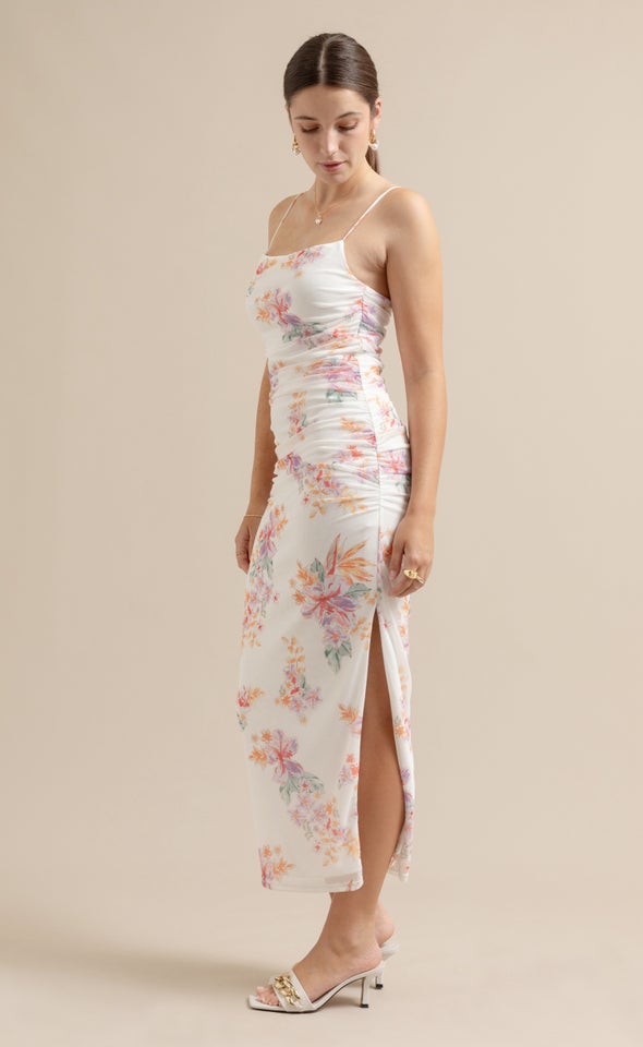 Mesh Ruched Maxi Cream/floral