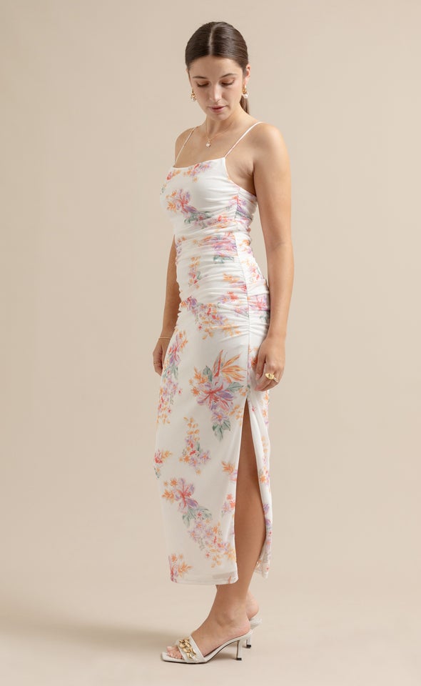 Mesh Ruched Maxi Cream/floral