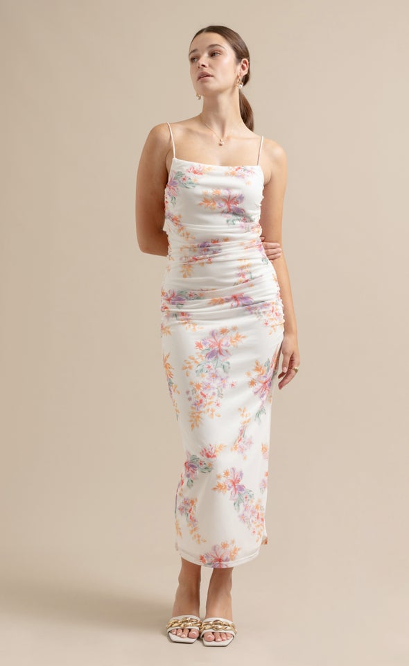 Mesh Ruched Maxi Cream/floral