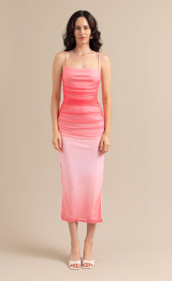 Mesh Ruched Maxi Ombre Pink