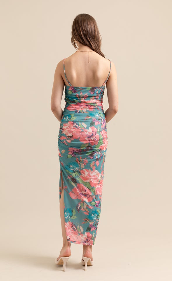 Mesh Ruched Maxi Teal/floral