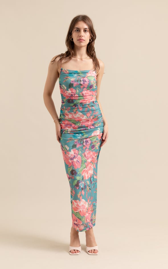 Mesh Ruched Maxi Teal/floral