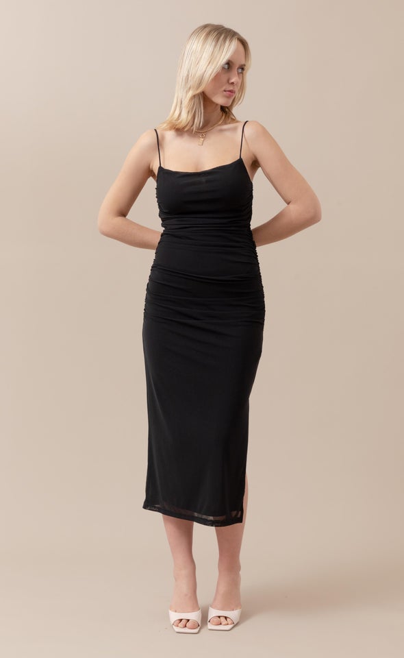 Mesh Ruched Midi Dress Black