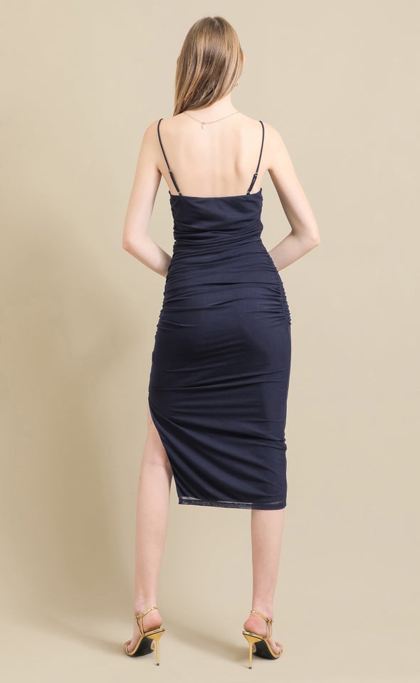 Mesh Ruched Midi Dress Ink