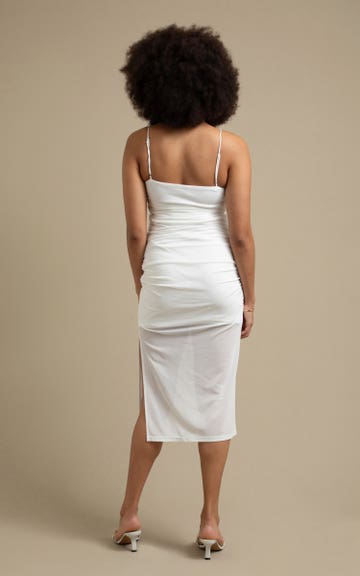 Shop our Mesh Ruched Midi Dress in White | Pagani