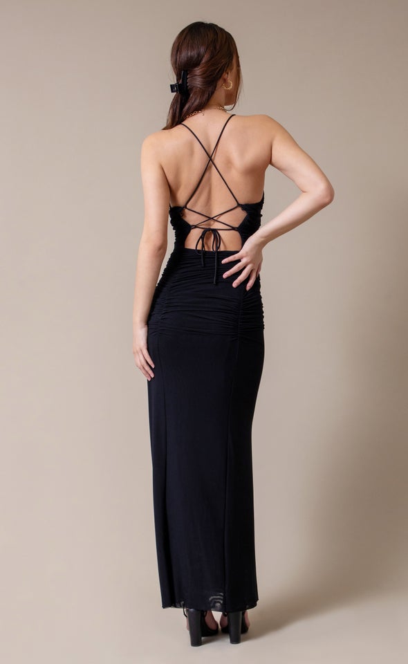 Mesh Ruched Open Back Gown Black
