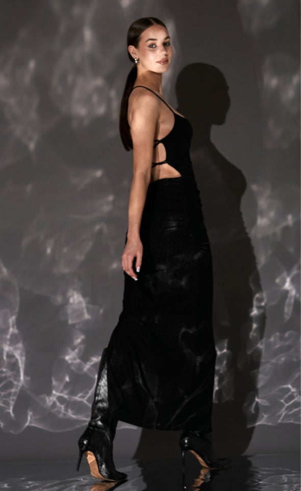 Mesh Ruched Open Back Gown Black