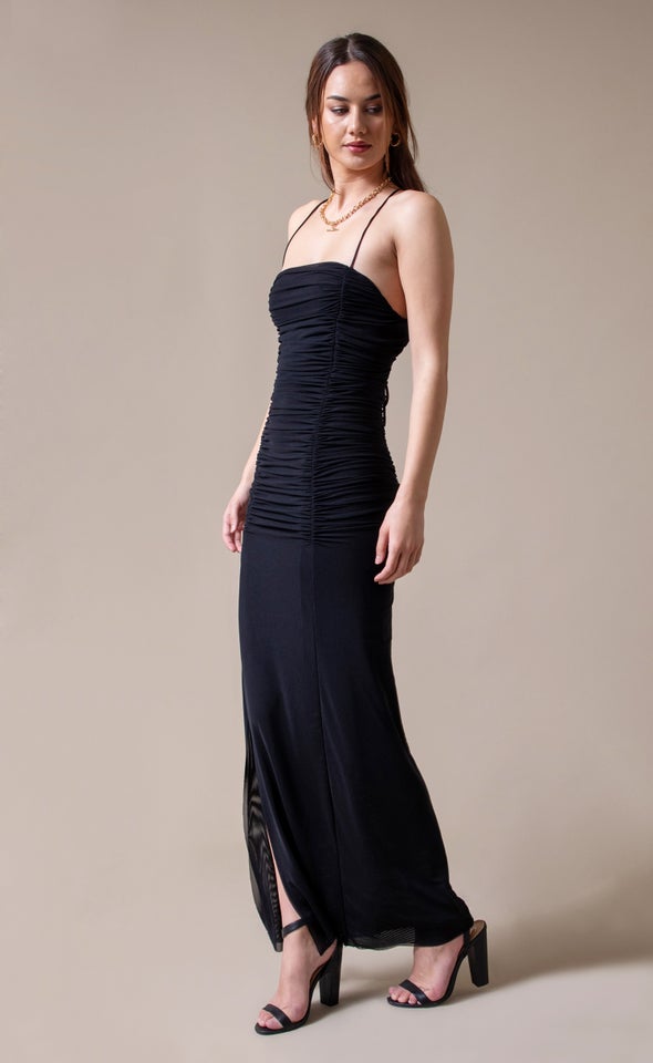 Mesh Ruched Open Back Gown Black