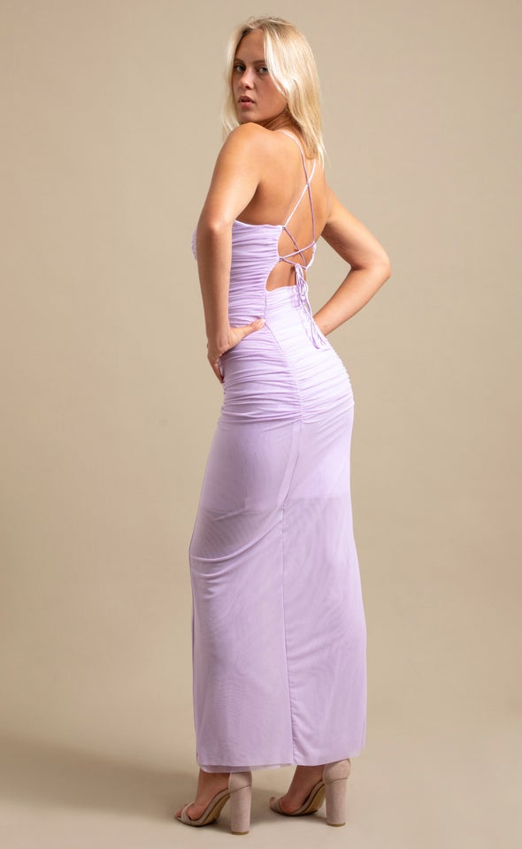 Mesh Ruched Open Back Gown Lilac