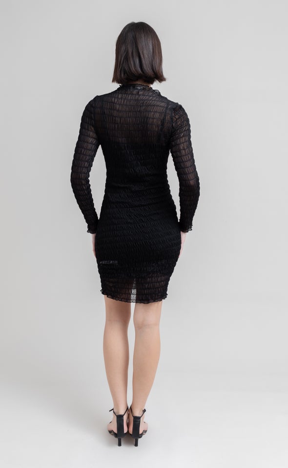 Mesh Shirred LS Dress Black