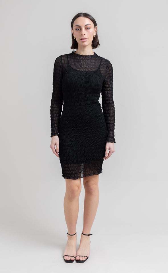 Mesh Shirred LS Dress Black