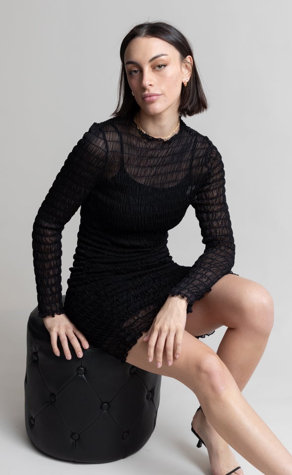 Mesh Shirred LS Dress Black