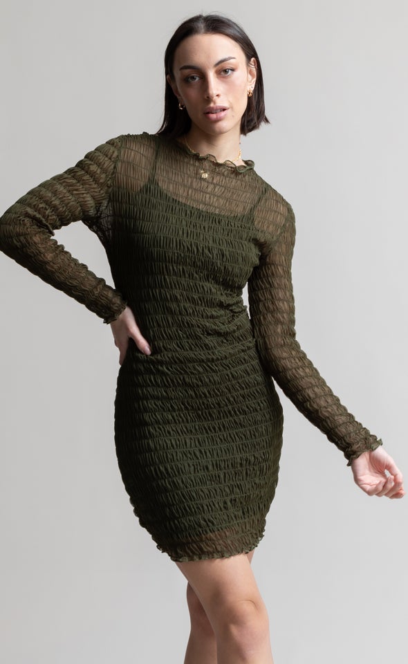 Mesh Shirred LS Dress Khaki