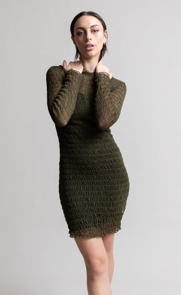 Mesh Shirred LS Dress Khaki