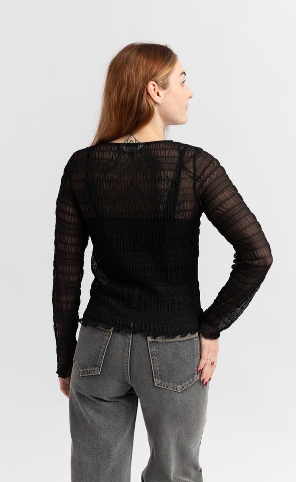 Mesh Shirred LS Top Black