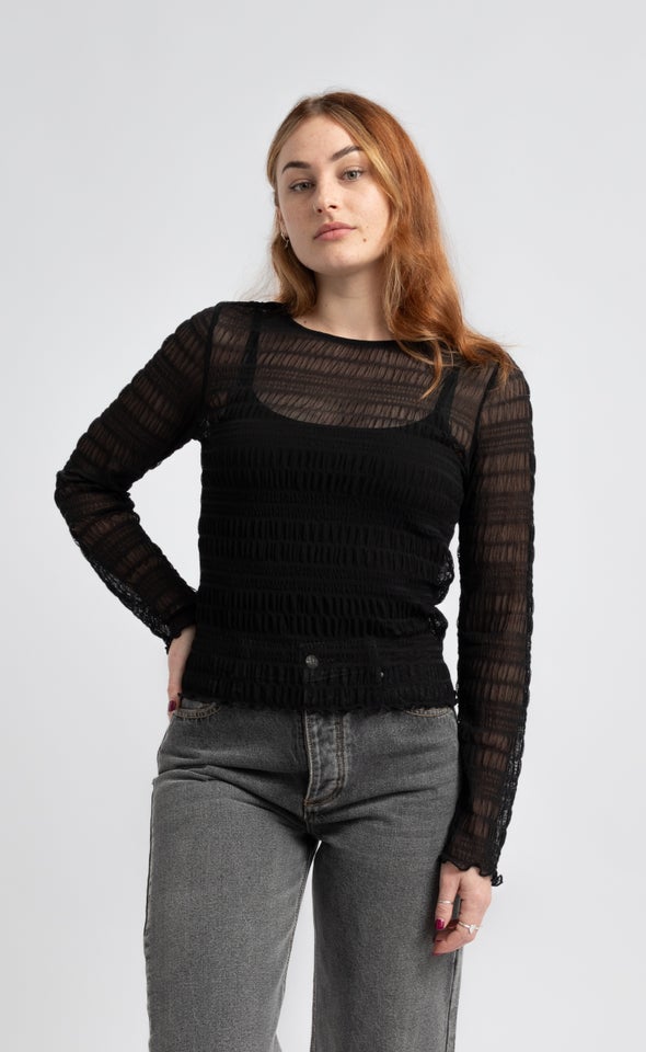 Mesh Shirred LS Top Black