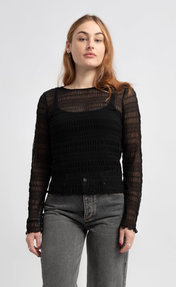 Mesh Shirred LS Top Black