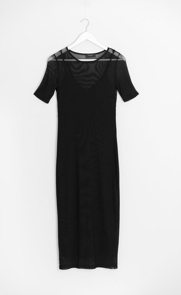 Mesh Short Sleeve Midi Dress Black