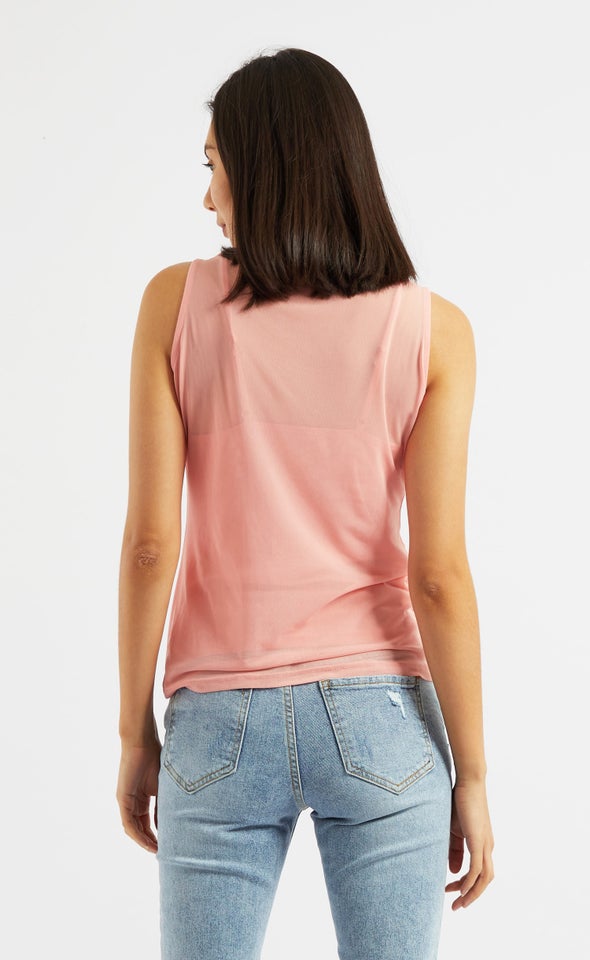 Mesh Sleeveless High Neck Tank Pink
