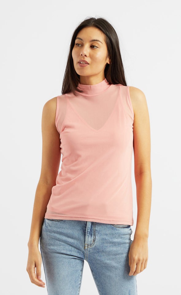 Mesh Sleeveless High Neck Tank Pink