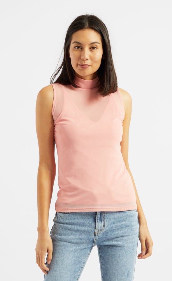Mesh Sleeveless High Neck Tank Pink