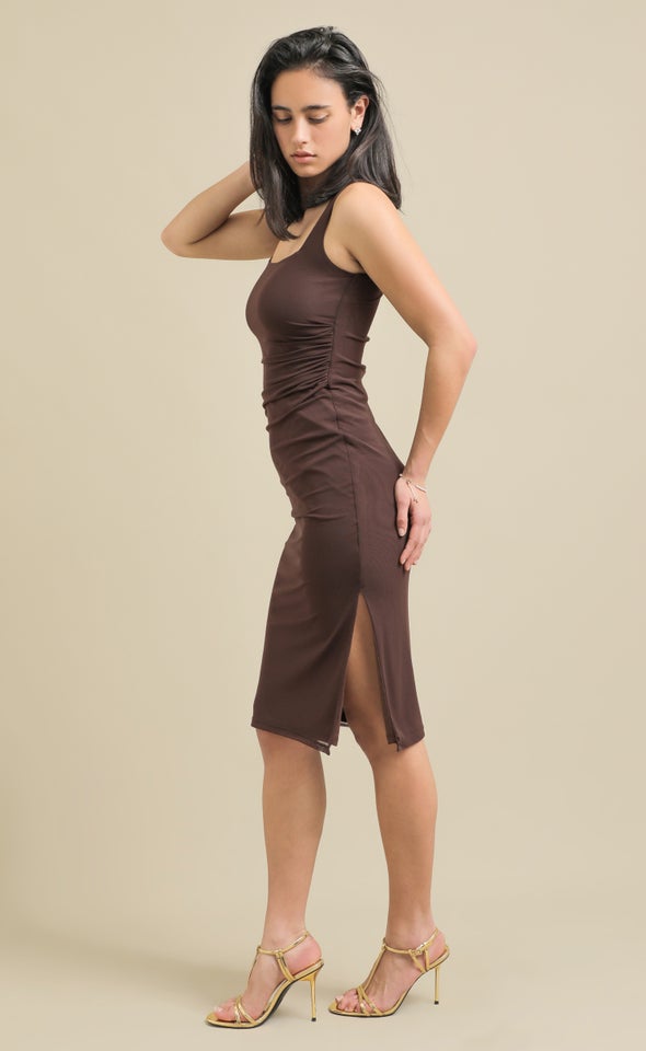 Mesh Square Neck Midi Dress Chocolate