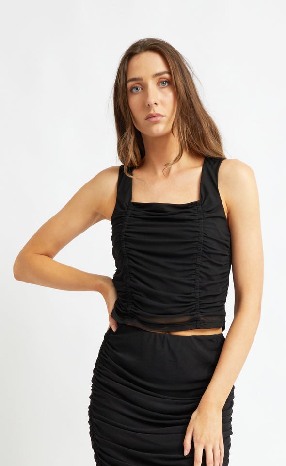 Mesh Square Neck Ruched Tank Black
