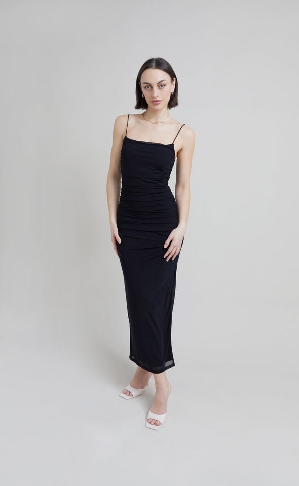 Mesh Strappy Ruched Slip Gown Black