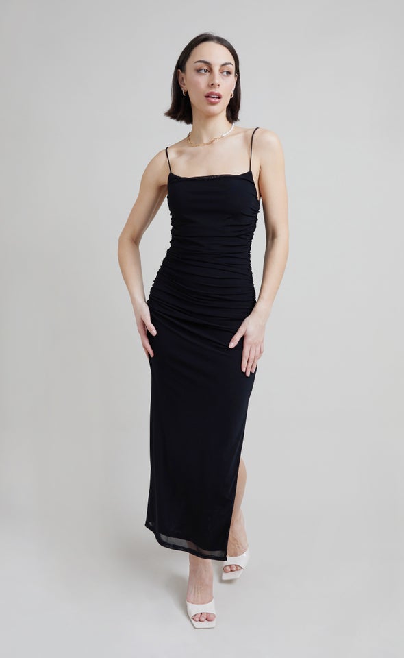 Mesh Strappy Ruched Slip Gown Black