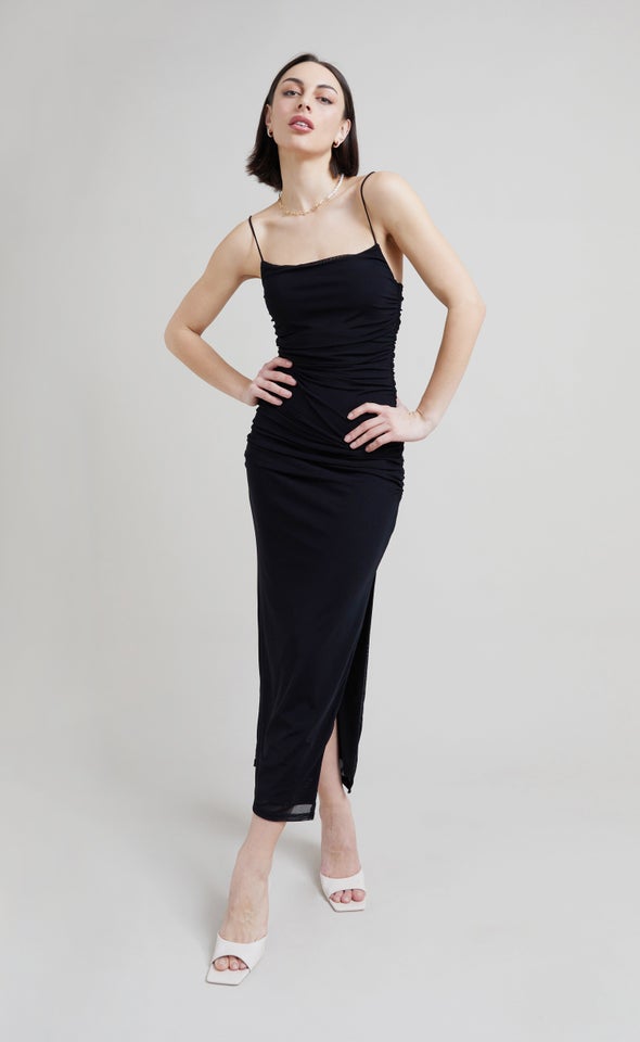Mesh Strappy Ruched Slip Gown Black
