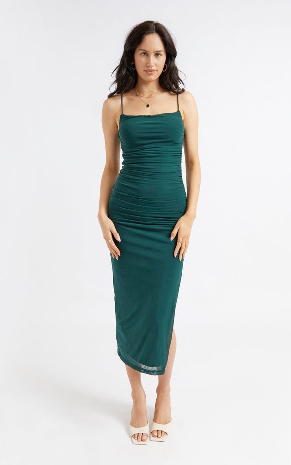 Mesh Strappy Ruched Slip Gown Emerald