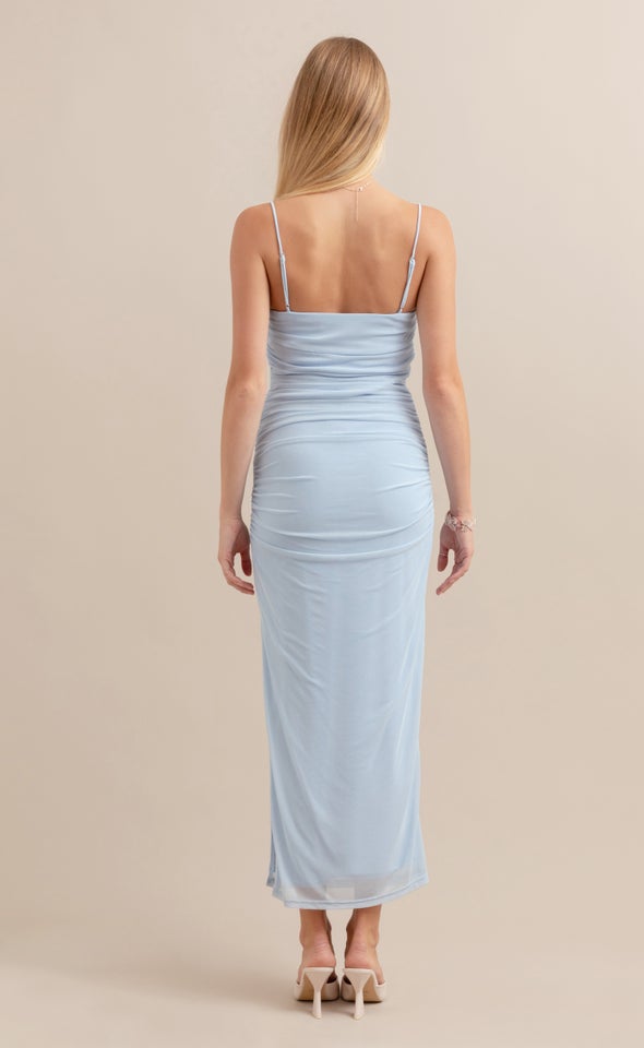 Mesh Strappy Ruched Slip Gown Ice Blue