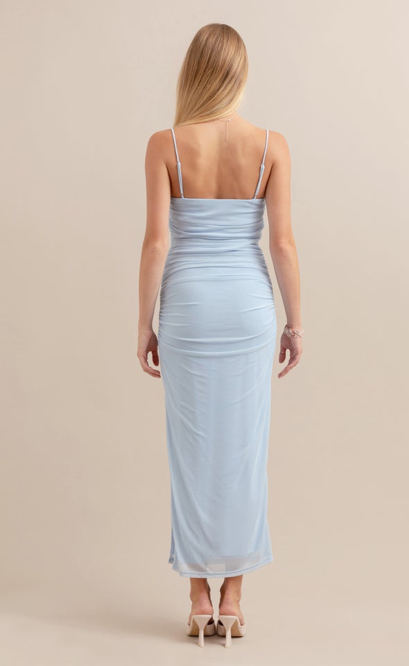 Mesh Strappy Ruched Slip Gown Ice Blue